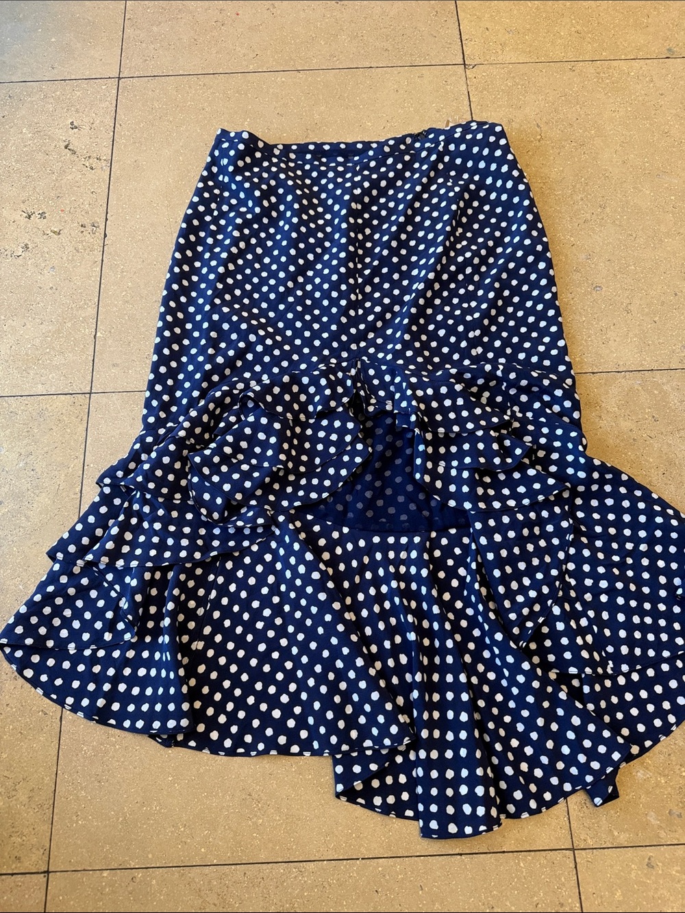 Michael Kors Collection Navy with White Polka Dot High-Low Ruffle Skirt